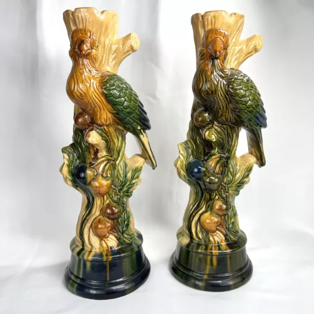 Pair Parrot Tree Stump Candle Stick Holder Ceramic Large 17" Tiki Drip Glaze VTG