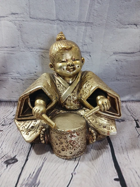 Baby Buddha Playing Drum Metal Brass Like 6664 Figure Figurine 6.75" Tall Vtg