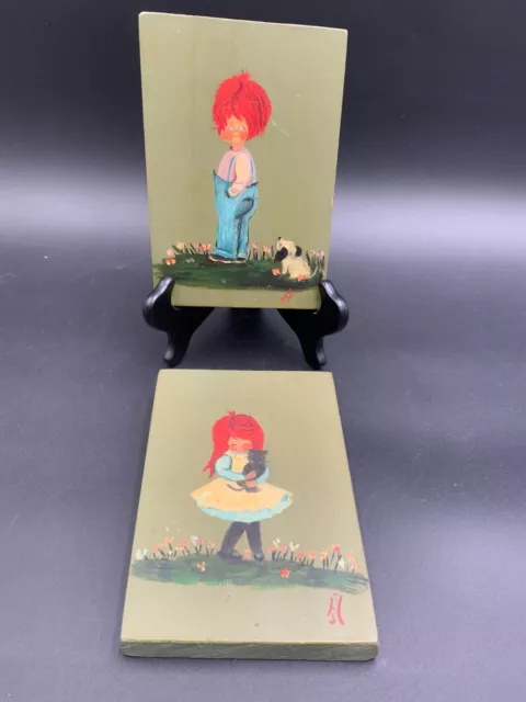 Vtg Org Signed Paintings on Wood Redheaded Little Boy and Girl with Dog & Cat