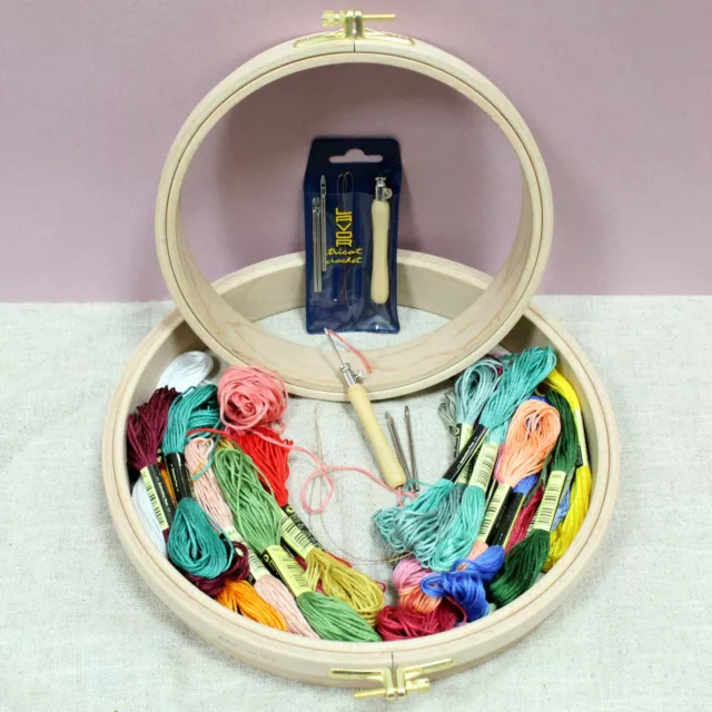 Nurge Wooden Punch Embroidery Hoop Needle Set Coloured Threads & Starter Kits