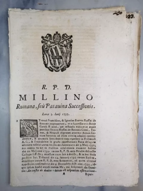 Sentenza 1737 Padova Successione Millino Roffini De Bononis Storia Diritto Legge