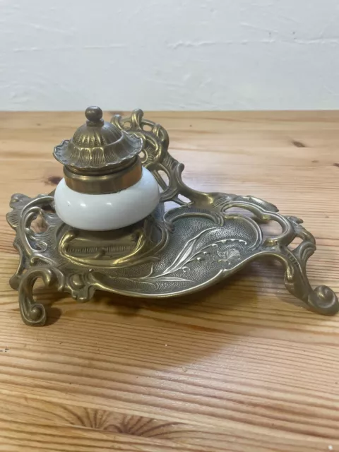 Art Nouveau Brass Inkwell with ceramic pot