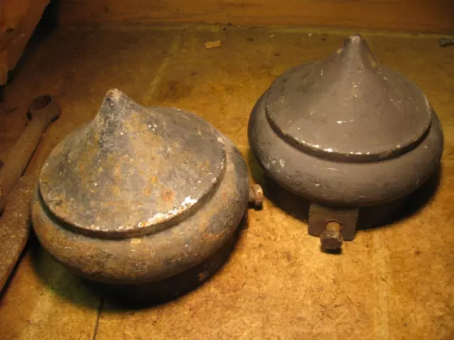 2 Vintage Cast Iron Railroad Sign Post Gate Post Tops 5-5/8" ID