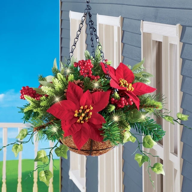 LED Iluminado Modelo Evergreen Ponsetia, Hiedra Y Pino Colgante Navidad Cesta