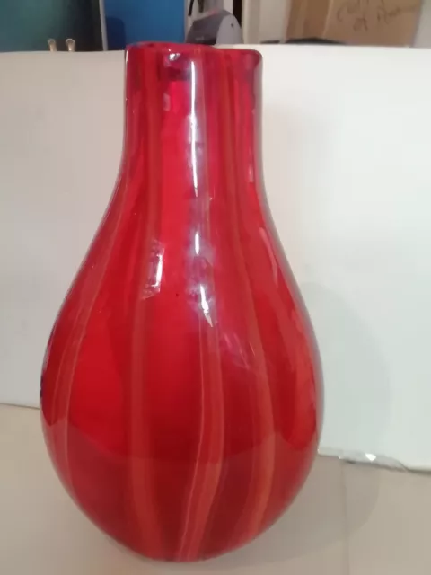 Vintage Tall Large Murano Style Tall Red With Orange Stripes Glass Bottle Vase