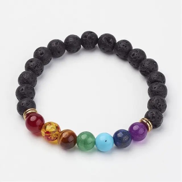 Lava Yoga Reiki Infuse Beaded Stretch Bracelet with 7 Chakra Healing Gemstones
