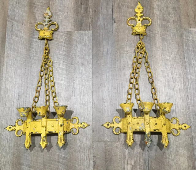 2 Sexton Brutalist Medieval Gothic Metal Chain 1967 Candle Holders Wall Sconces