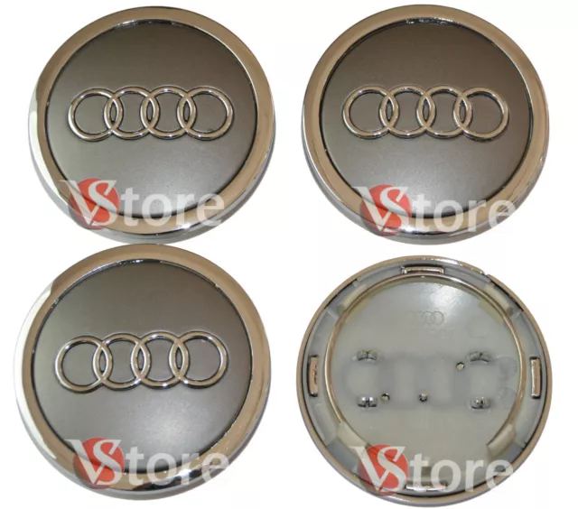 4 Tappi AUDI 69mm Coprimozzo Cerchi Lega A3 A4 A5 TT RS4 Q5 S4 A8 Borchie Grigio