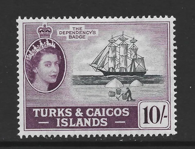 Turks & Caicos 1957 10/- Black & Purple (Badge) - SG 250 - Lightly Mounted Mint