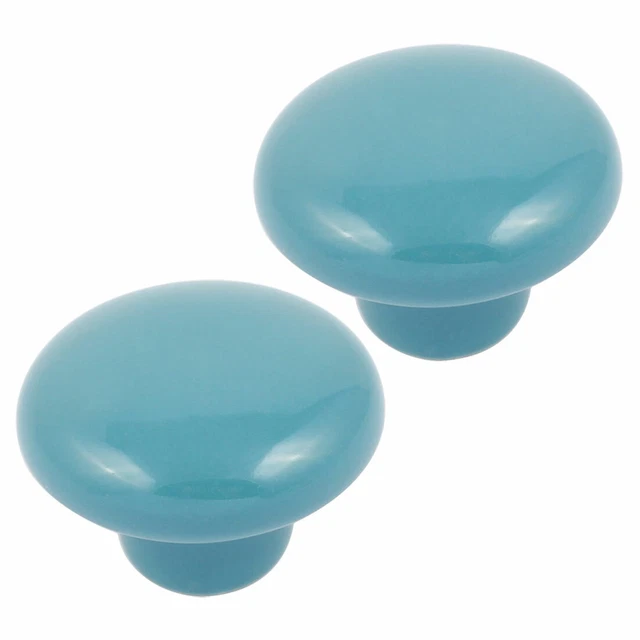 Cabinet Wardrobe Drawer Door Round Ceramic Knobs Pull Blue 33mm Dia 2pcs