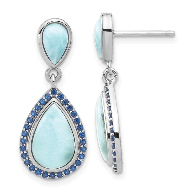 Sterling Silver RH-plated Blue CZ & Larimar Teardrop Drop and Dangle Earring