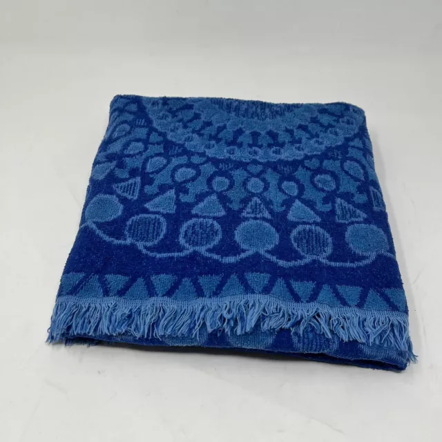 Vintage Tastemaker Bath Towel MCM Mod Blue Geometric Fringe Cotton USA 39”x25”