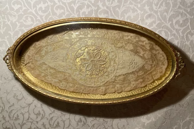 Antique Gold Tone Vanity Tray Lid with Glass and Handles Lace Insert