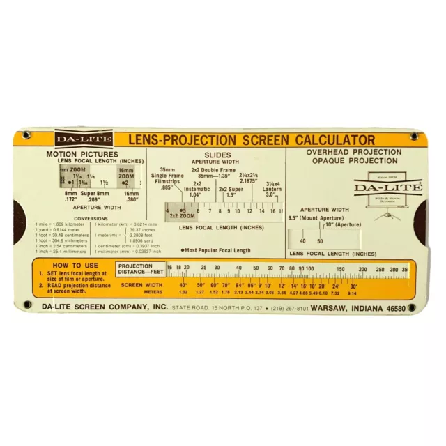 DA-LITE Lens Projection Screen Calculator VTG 70s Slide Rule Double Sided