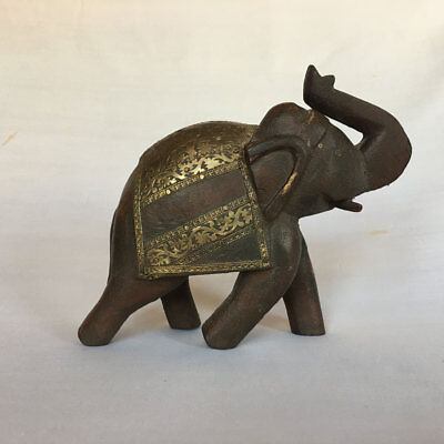 (5) Old Or Vintage Look Hand Carved Hand Wooden Elephant Statue With Brass Work
