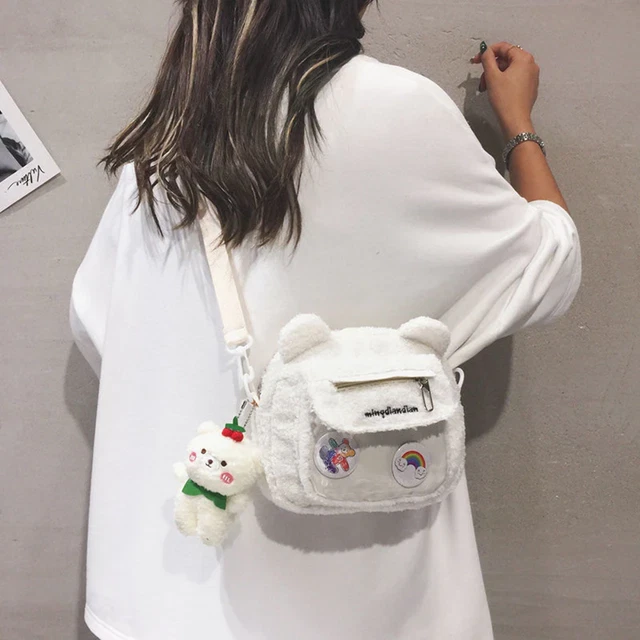 Womens bag black blue pink white brown Cute Bear Shoulder Fluffy Kawaii Small Pu