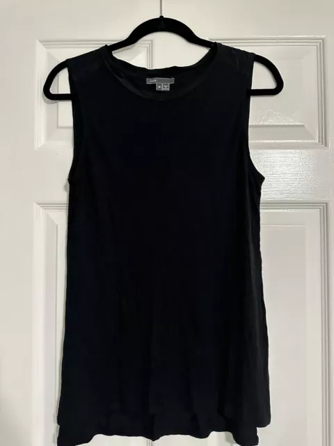 VINCE Jersey Black Silk Trim Slit Hem Sleeveless Top Mixed Media Womens Medium