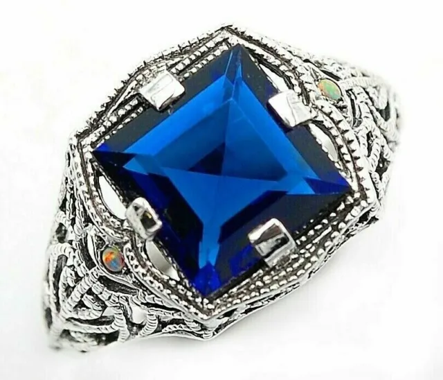 2CT Natural Blue Sapphire & Opal 925 Sterling Silver Filigree Ring Sz 6 FB1-9