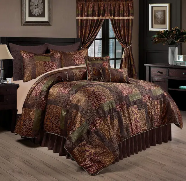 Deluxe Silky Brown Gold Jacquard Floral 9 pc Cal King Queen Comforter or Curtain