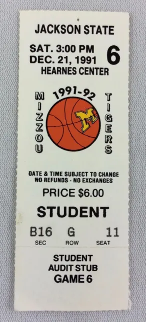 1991 12/21 Jackson State at Missouri Tigers Basketball Ticket Stub