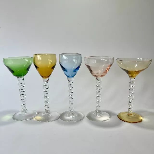 5 Vintage Shot Glasses. Tall Stems.  Cocktail Shot Glasses. Twist Stem. 2