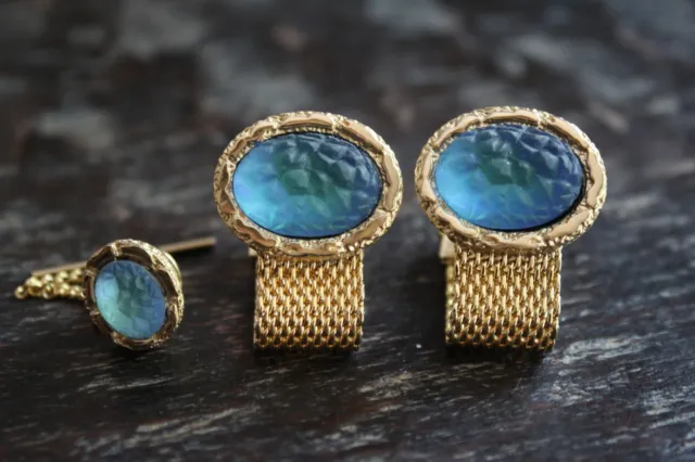 Vtg Gold Tone Blue/Green Frosted Glass Stone Mesh Wrap Cufflinks Tie Tack SET