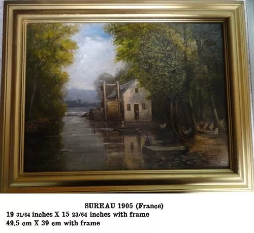 Antique oil painting French countryside and river 1905 signed