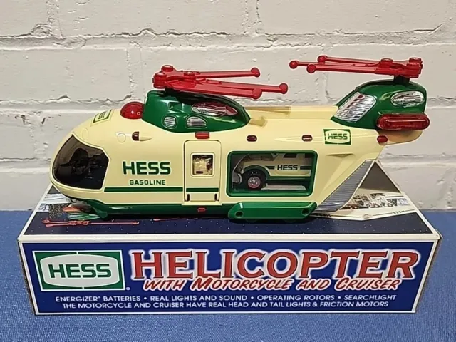 Vintage 2001 Hess Helicopter With Motorcycle / Rider & Cruiser