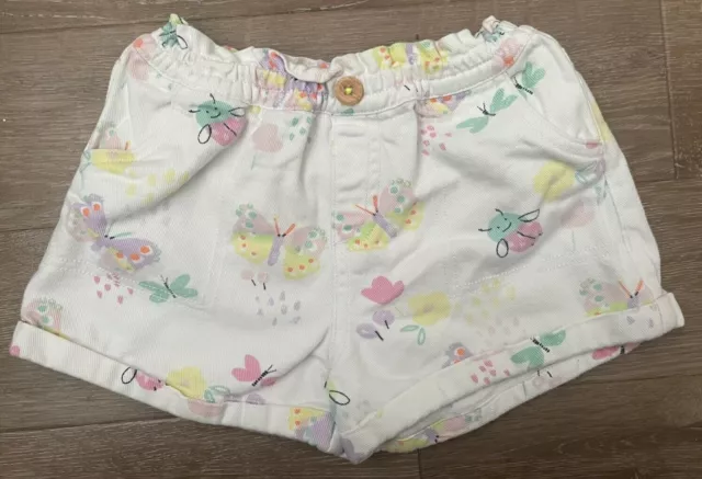 M&S Girls Shorts White Denim  Pastel Floral Butterfly. Age 3 - 4 Years. Used  
