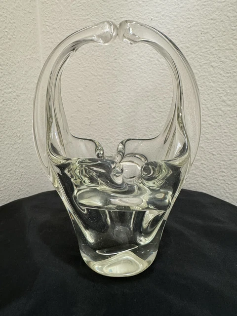 Hand Blown Crystal Basket Vase Clear Pulled Glass Elegant Brides Basket 7” VTG