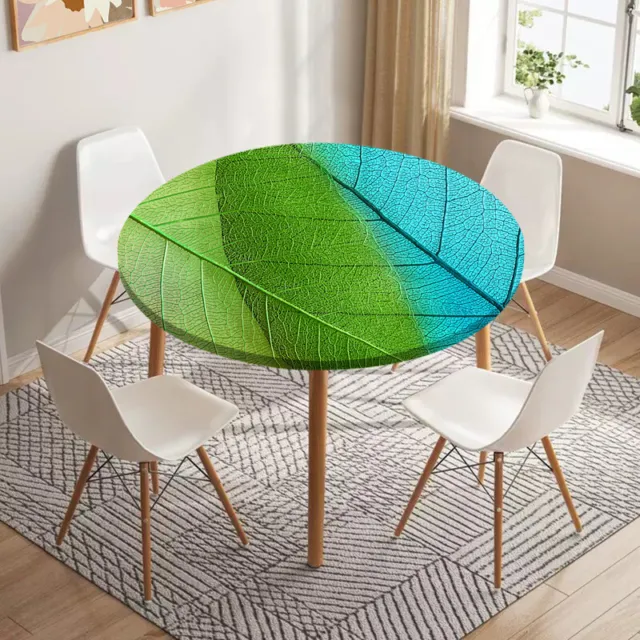 Green Leaf Summer Table Cover Elastic Edged Polyester Tablecloth Round Table