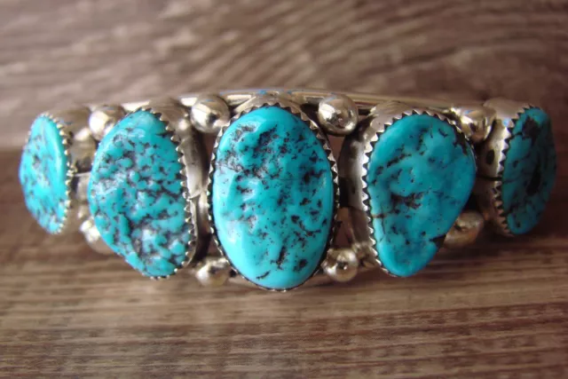 Navajo Indian Sterling Silver Turquoise Stone Row Bracelet - Mike Thomas