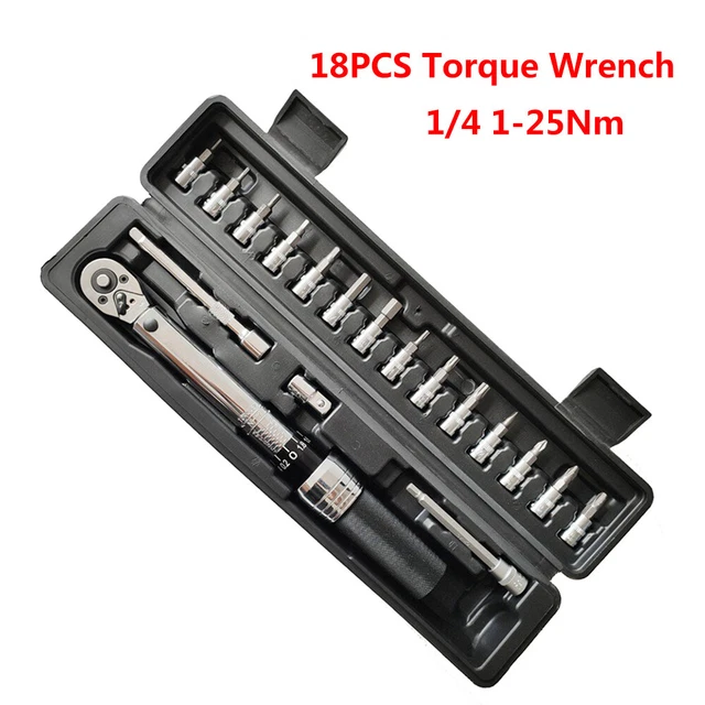 18PCS Drehmomentschlüssel 1/4 Zoll 1-25Nm Drehmoment Werkzeug Stecknüsse