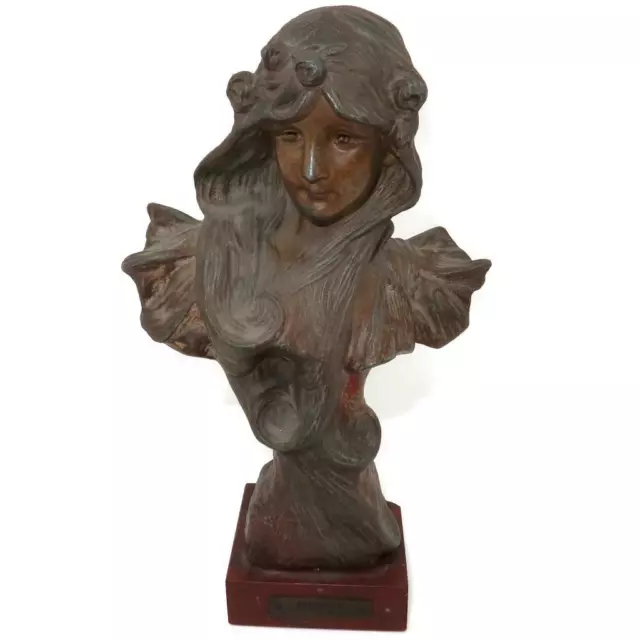 Art Nouveau, France JULIETTE Par Rigual Marble Base Metal Bust Sculpture, 6 3/4"