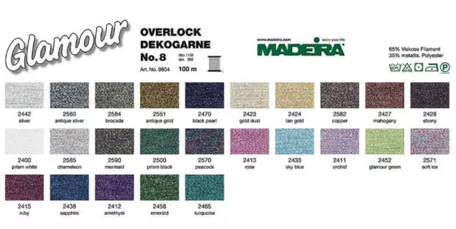 Madeira Glamour 8 Embroidery Thread 100m, No. 8 Dtex 1100, Please Select Colour