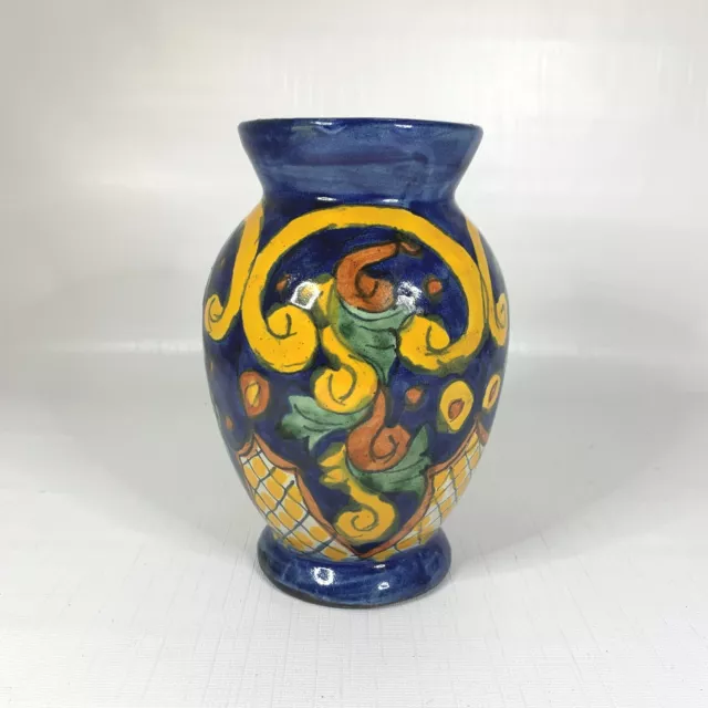 MEXICO Hand-Painted Talavera Vase Cobalt Blue Yellow Floral Folk Art Pottery
