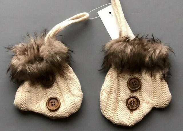 Beige Primitive Christmas Ornaments Mittens faux fur Set of 2 Cable Knit Buttons