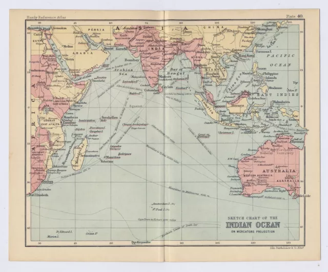 1912 Antique Map Of British Empire Colonies Indian Ocean India Mauritius Penang