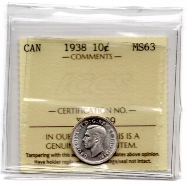 1938 Canada 10 Cents Silver Coin ICCS MS63