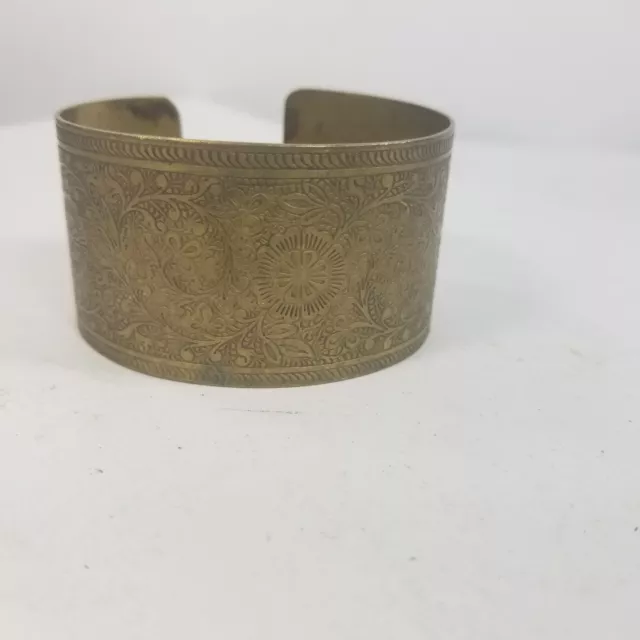 Brass Cuff Bracelet Floral Vintage Ornate Wide Engraved Flowers Bohemian