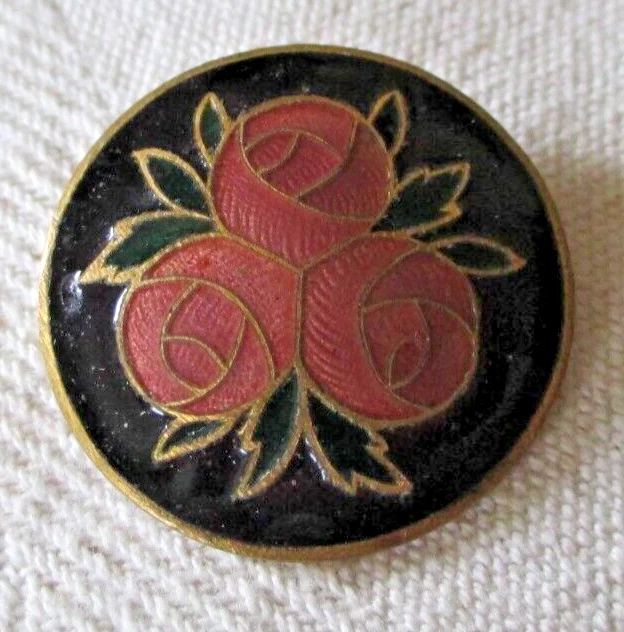 Broche Ronde Vintage En émail Cloisonné - Couleurs Or, Rose, Noir - Bijou Fantaisie Femme Occasion