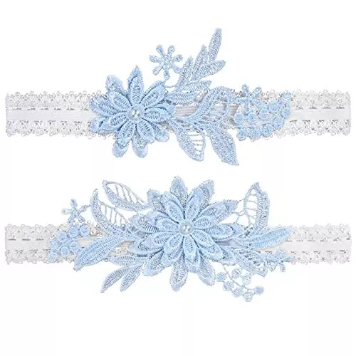 Wedding Garters Set Lace Bridal Garter Stretchy Floral Garter for Bride Blue Whi