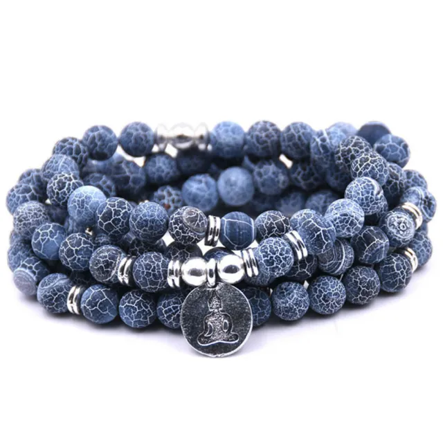 6mm Blue Weathered Agate 108 Bead Buddha Mala Bracelet Wrist Meditation Classic