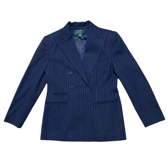 $240 Ralph Lauren Pin Stripe Double breasted Blazer 8P navy wool suit jacket PM