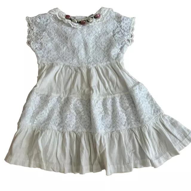Vintage PEACHES N CREAM Girls Party Dress Size 6 White Lace Short Sleeve Bows