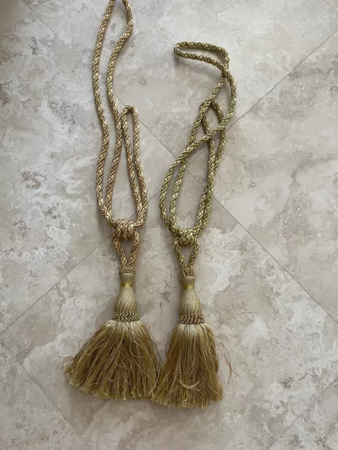 Pair Large, Rare, Estate Drapery Braided Tie Backs Tassels Swags Gold & Beige