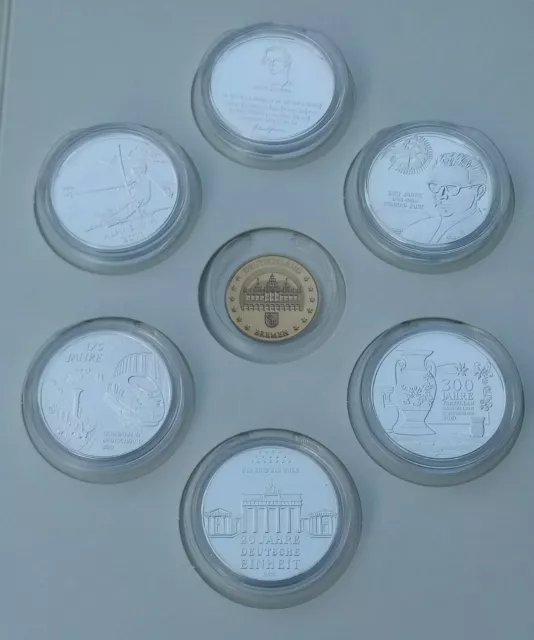 6 Gedenkprägungen 2010 zu den 10 € - Münzen Polierte Platte Silber - Legierung