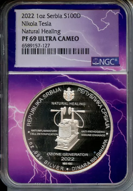 2022 Serbia 100 Dinara Nikola Tesla Natural Healing NGC PF69 Ultra Cameo