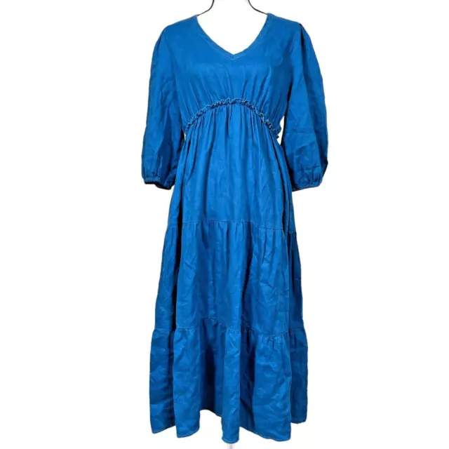 Trina Turk Dress Womens Small Linen Out of Office Blue Maxi Tiered Puff Sleeve