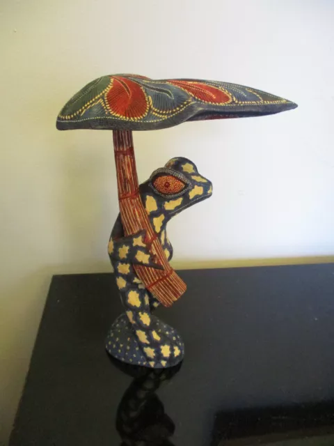 Whimsical Folk Art Hand Carved & Painted Wood Frog with Leaf Umbrella Statue!